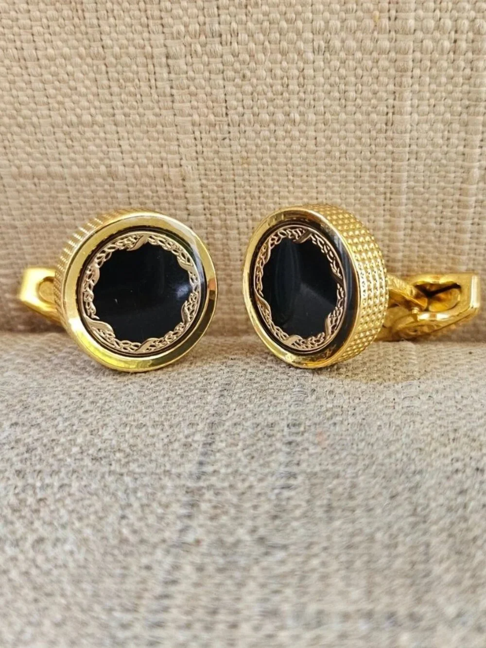 Father Day Gift Cufflinks Black/Gold Tone Round Shape Cuff Links Stud Fashion